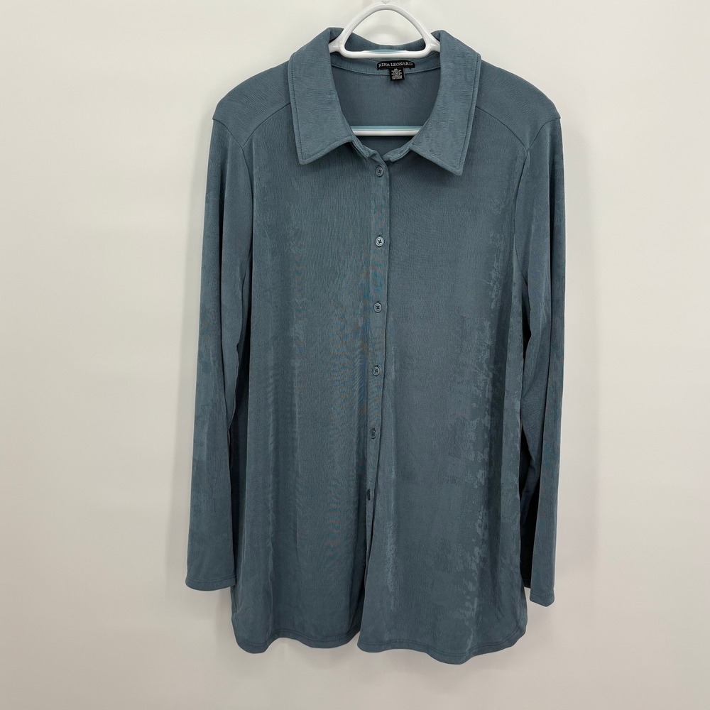 Nina Leonard Womens XL Dusty Blue Slinky Knit Button Down Shirt Long Sleeve